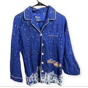 Nick & Nora Blue Starry Night Christmas Village Flannel Pajama Top Size Small